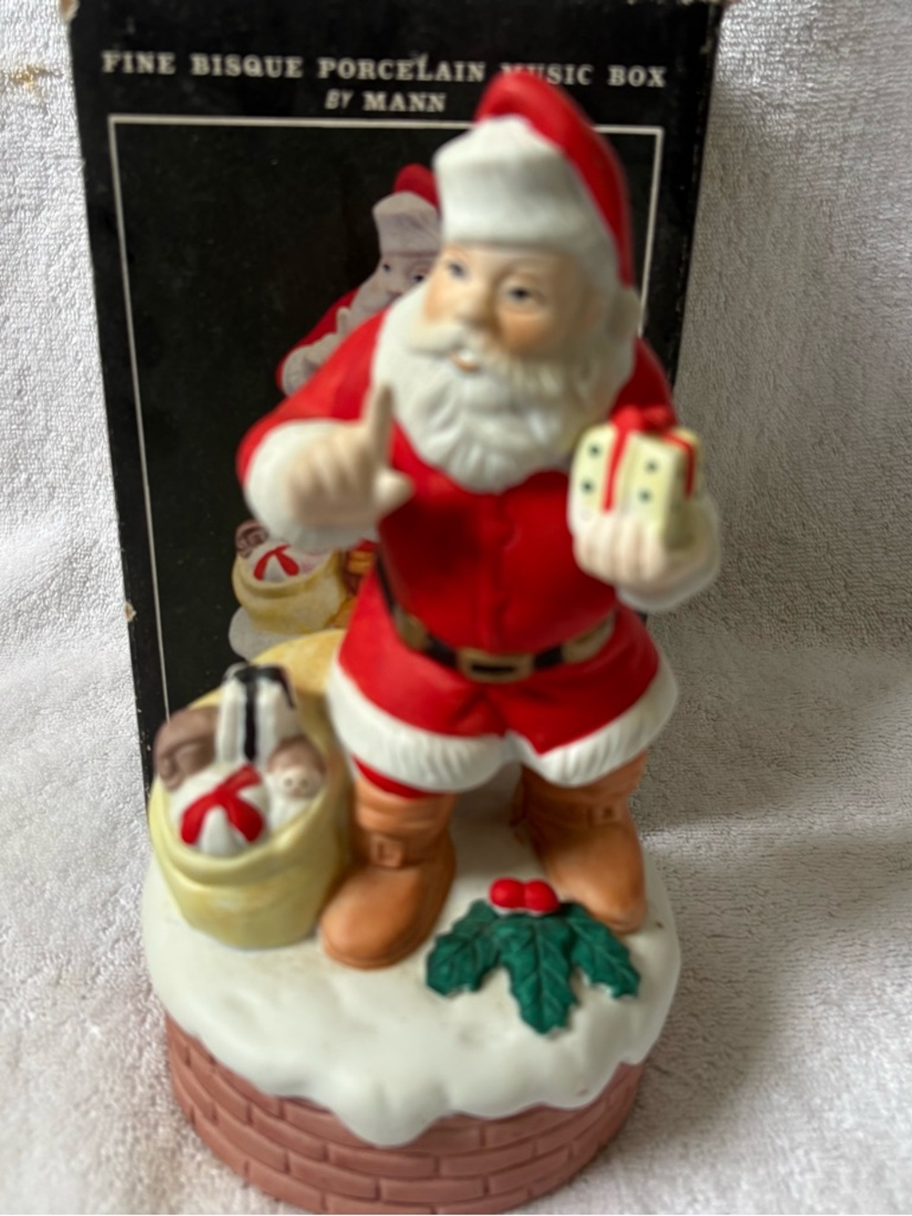 Mann Music Box Plays Santa Is Coming To Town Fine Bisque Porcelain Vintage